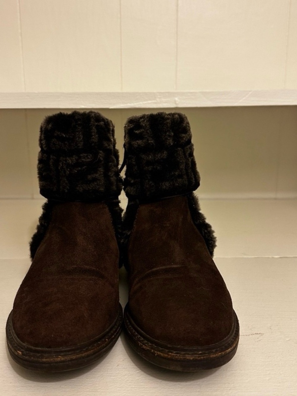 Fendi Zucca FF Logo Shearling Cuff Suede Ankle Boots Brown IT 36.5 US 5.5 - Picture 13 of 16